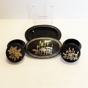 Vintage Black & Gold Lacquerware Trinket Box Set of 3 – Lotus & Rose Motif